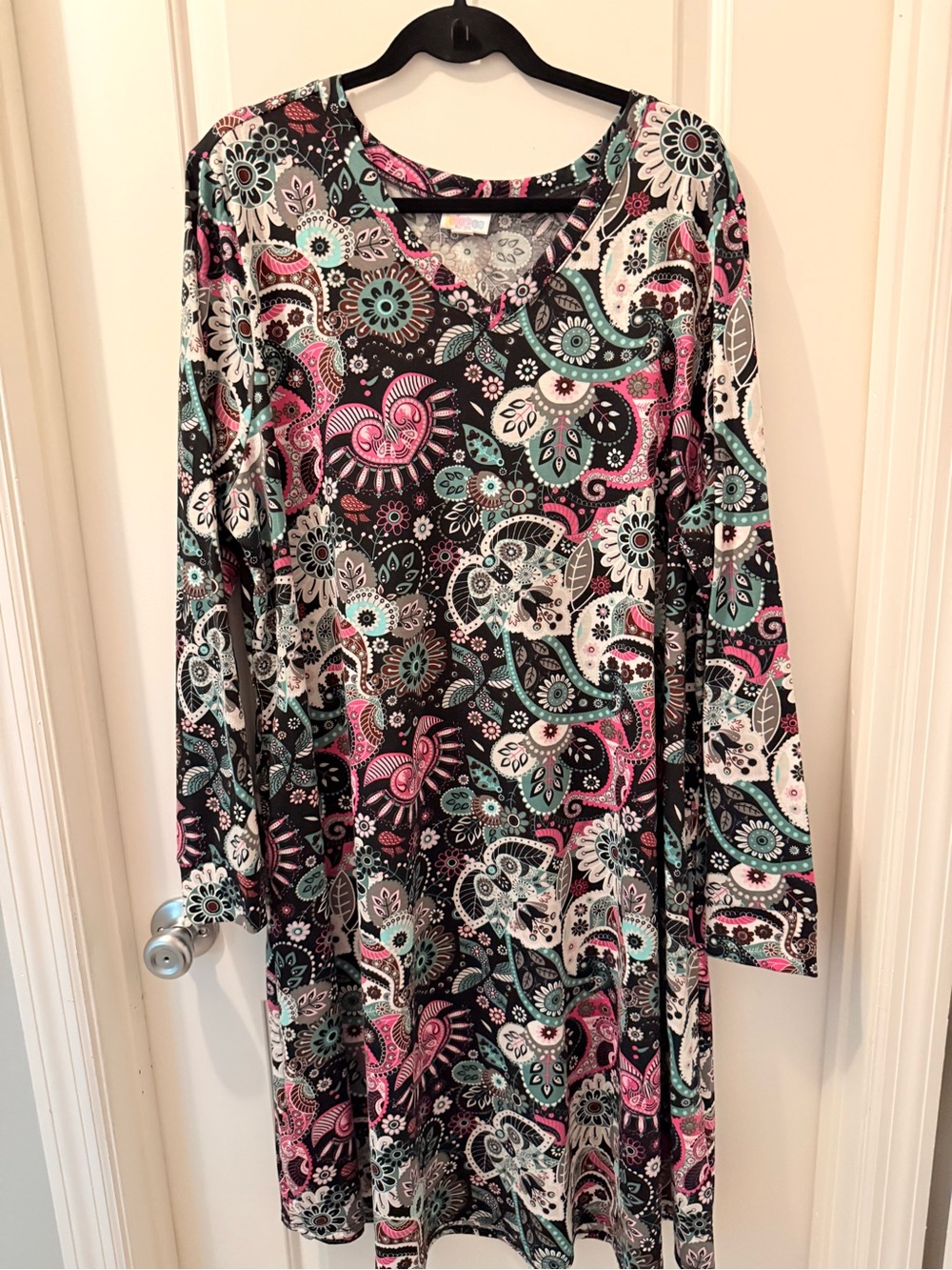 LuLaRoe Black Tunic with Pink and Teal Floral Paisley
